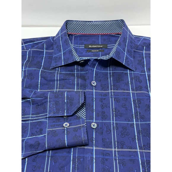 Bugatchi Long Sleeve Dress Shirt Blue Pattern EUC - Picture 1 of 6